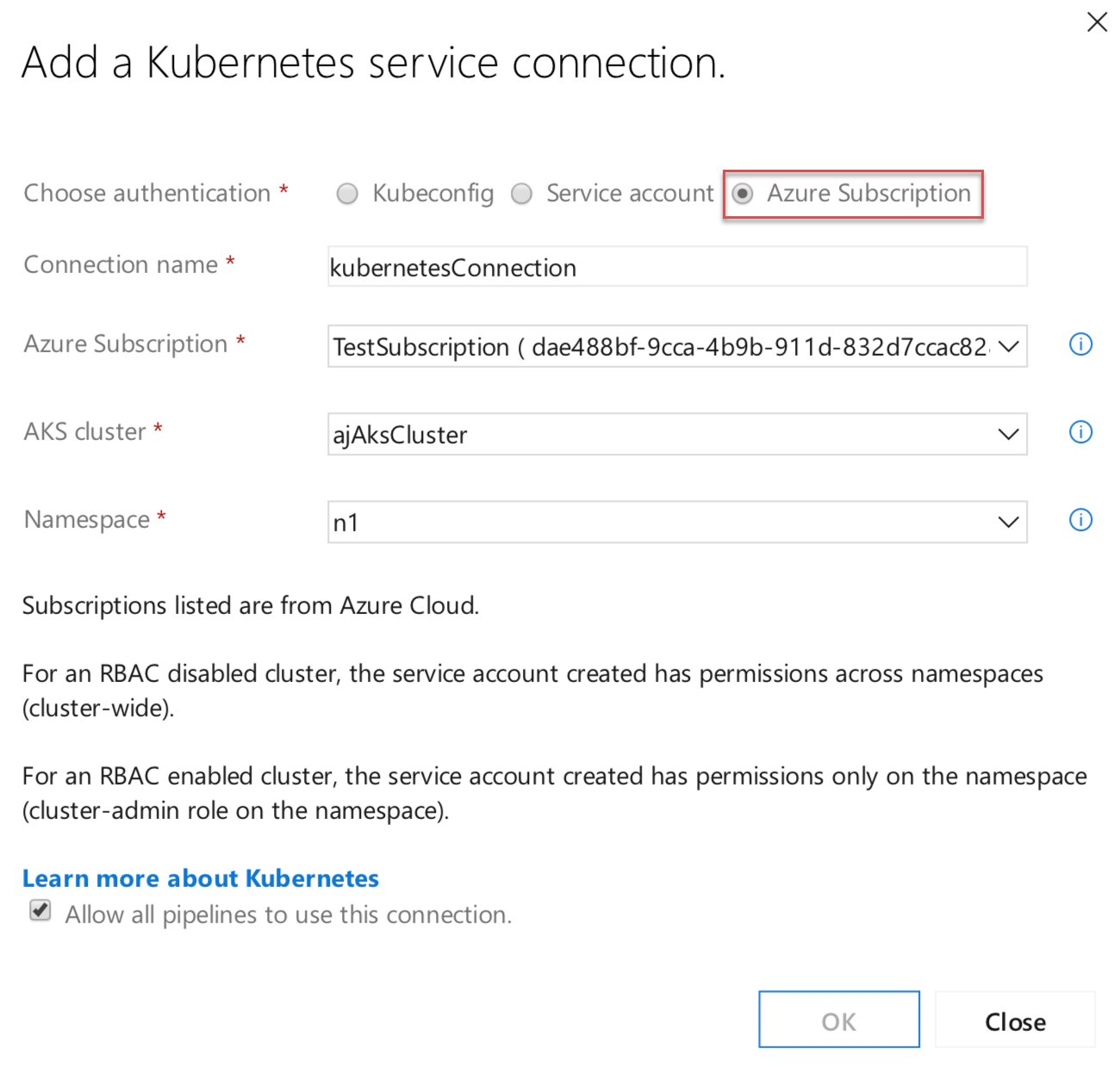 Capture d’écran de la boîte de dialogue Ajouter une connexion de service Kubernetes avec l’option Abonnement Azure appelée.