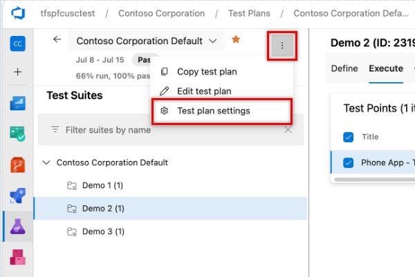 Capture d’écran montrant le menu Autres actions avec l’option Paramètres du plan de test.