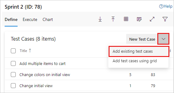 Capture d’écran montrant l’option Ajouter des cas de test existants à sélectionner.