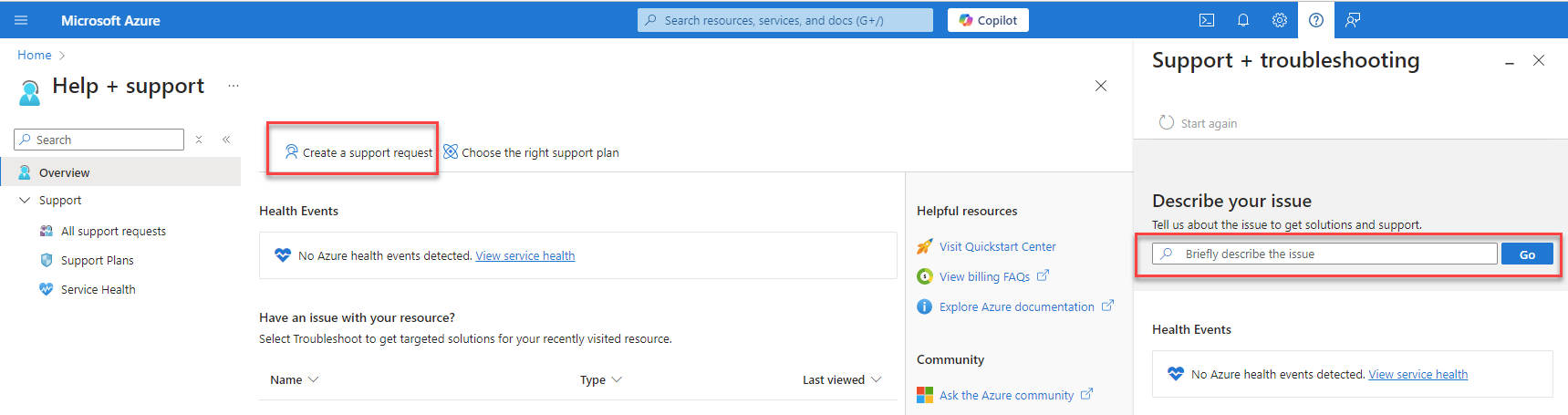 Capture d’écran montrant la page Aide et support dans le portail Azure avec des sélections de boutons.