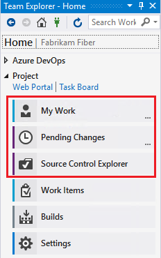 Capture d’écran de la page d’accueil de Team Explorer pour Visual Studio 2019 montrant les fonctionnalités Team Foundation Version Control mises en surbrillance.