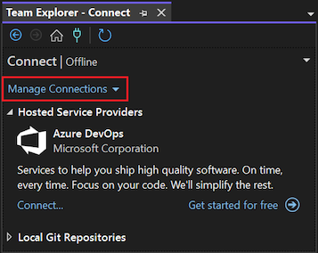Capture d’écran du volet Team Explorer dans Visual Studio 2022 montrant l’option Gérer les connexions mise en surbrillance.