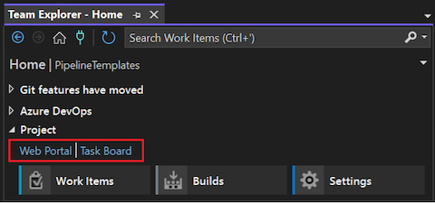 Capture d’écran de la page d’accueil de Team Explorer pour Visual Studio 2022 montrant les fonctionnalités du portail web et du tableau des tâches mises en surbrillance.