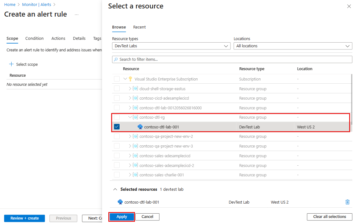 Capture d’écran montrant le volet Sélectionner une ressource, avec un labo sélectionné.