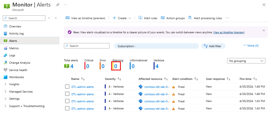 Capture d’écran montrant la page Alertes avec l’en-tête de colonne Avertissement mis en évidence.