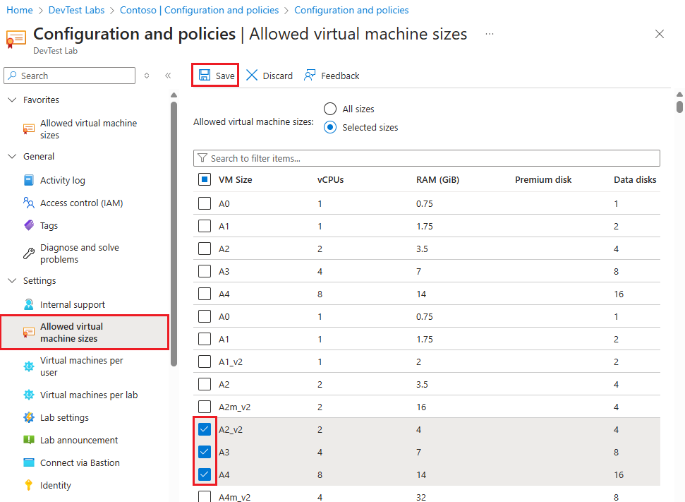 Capture d’écran montrant les tailles de machine virtuelle autorisées.