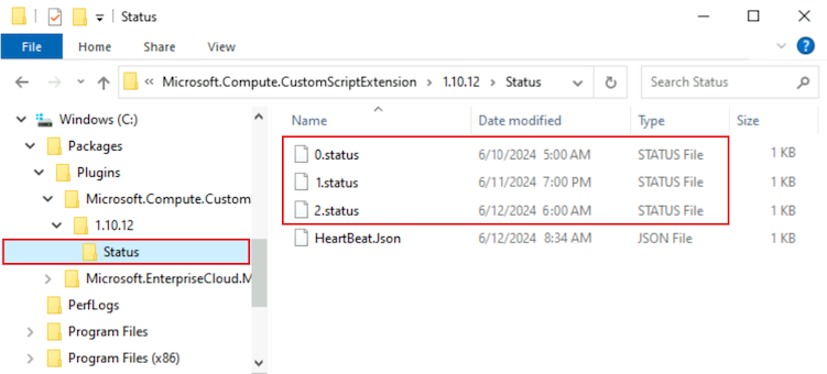 Capture d’écran montrant le contenu du dossier Status sur une machine virtuelle Windows pour DevTest Labs.