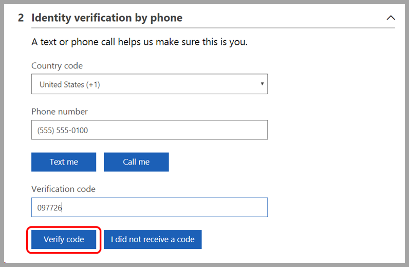 Capture d’écran de l’écran Vérification d’identité par téléphone.
