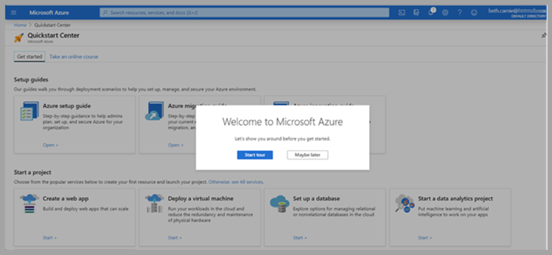 Capture d’écran du centre de démarrage rapide du tableau de bord Azure avec une fenêtre contextuelle Bienvenue dans Microsoft Azure.