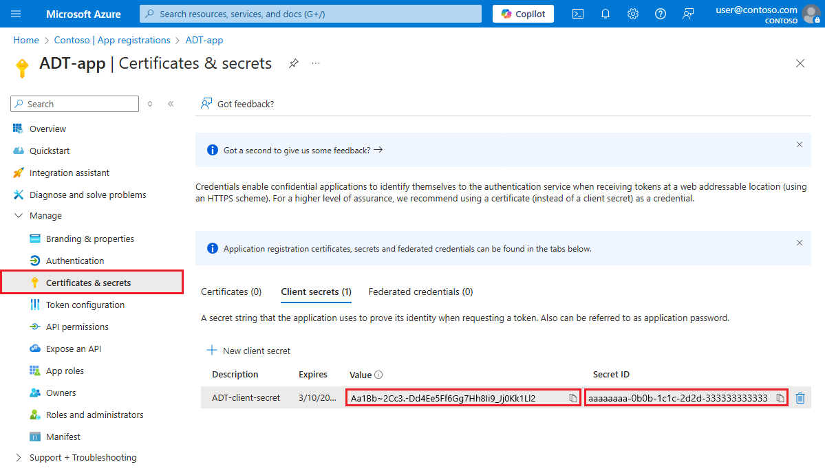 Capture d’écran du portail Azure montrant comment copier la valeur du secret client.