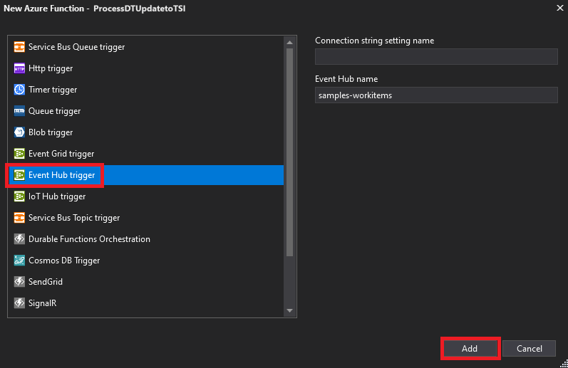 Capture d’écran de Visual Studio pour créer une nouvelle fonction Azure de type déclencheur Event Hub.