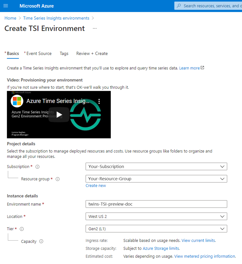 Capture d’écran du portail Azure montrant comment créer un environnement Time Series Insights (partie 1/3)