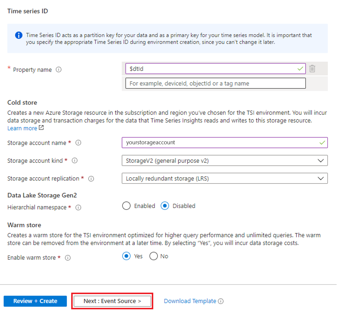 Capture d’écran du portail Azure montrant comment créer un environnement Time Series Insights (partie 2/3)