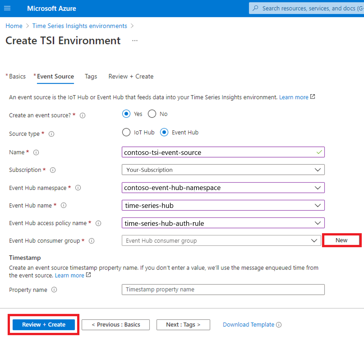 Capture d’écran du portail Azure montrant comment créer un environnement Time Series Insights (partie 3/3)