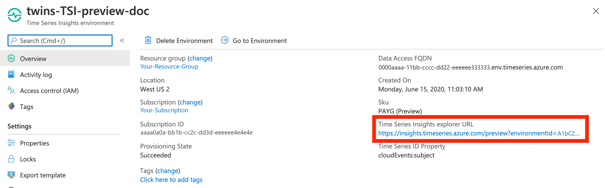 Capture d’écran du portail Azure montrant l’URL de l’explorateur Time Series Insights sous l’onglet de présentation de l’environnement Time Series Insights