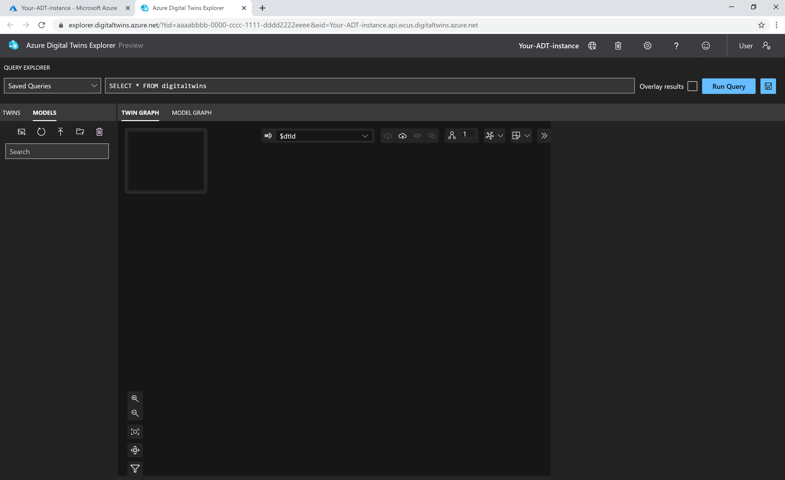 Capture d’écran du portail Azure dans un navigateur Internet. Le portail affiche Azure Digital Twins Explorer, qui ne contient pas de données.