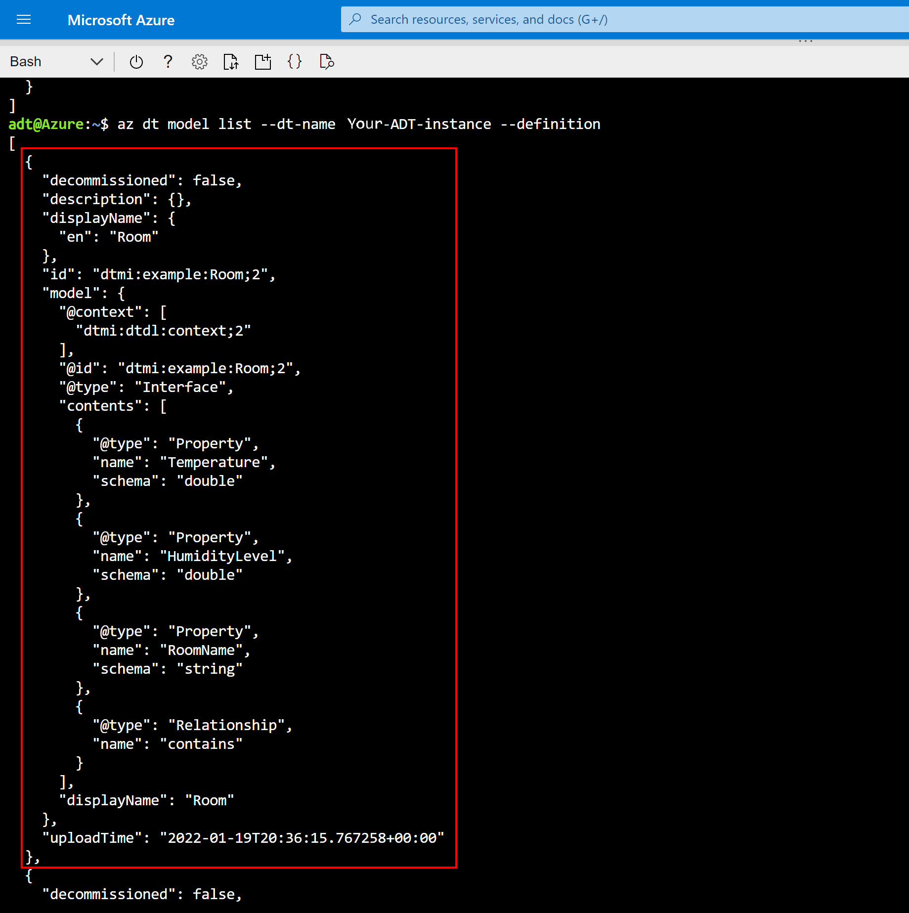 Capture d’écran de Cloud Shell montrant le résultat de la commande model list, qui comprend le modèle Room mis à jour.