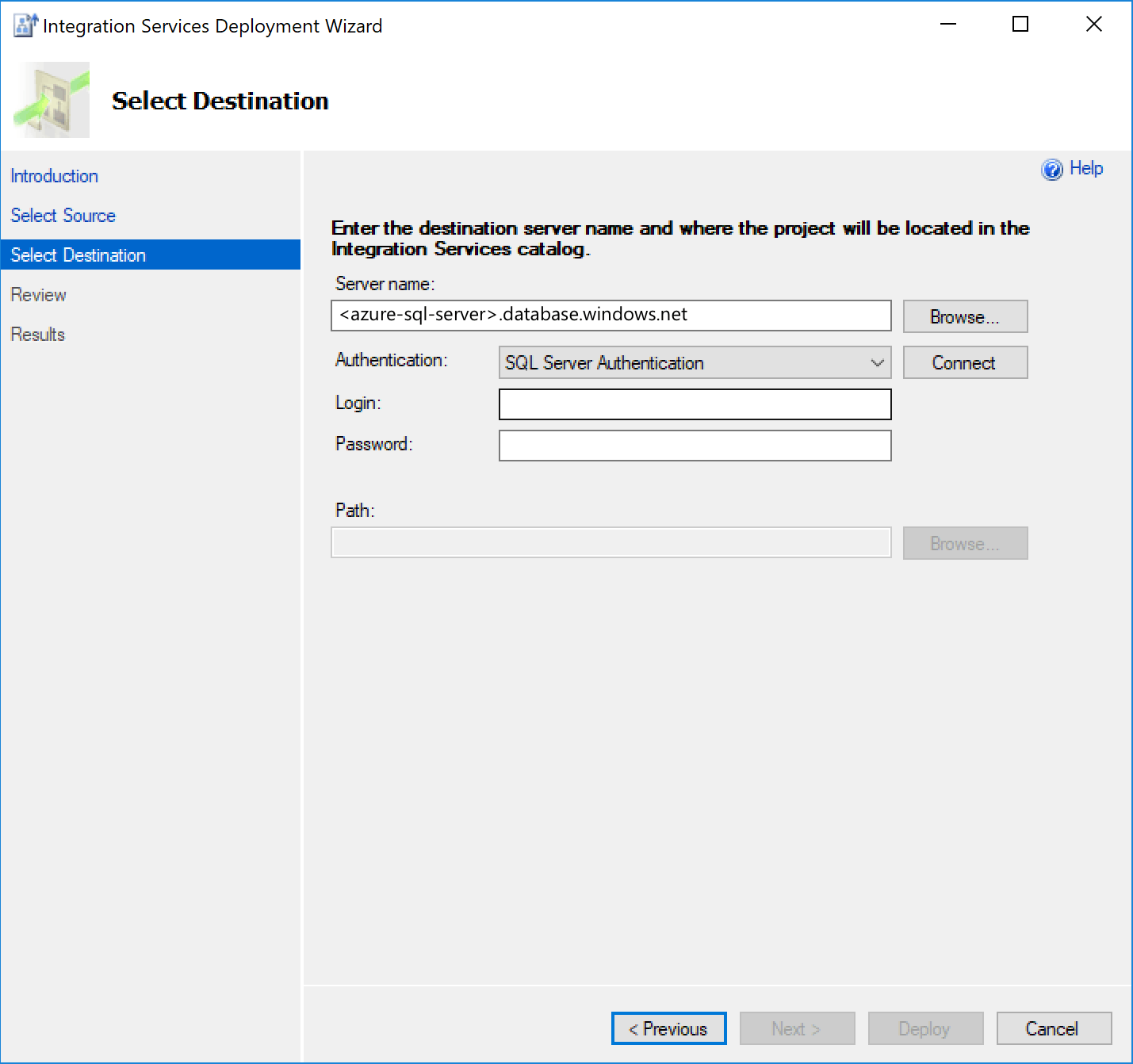 Capture d’écran de la page Sélectionner la destination de l’Assistant Déploiement.