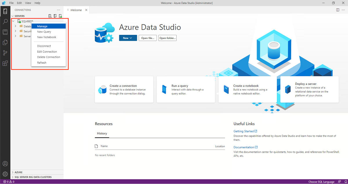 Capture d’écran montrant une connexion au serveur et l’option Gérer dans Azure Data Studio.