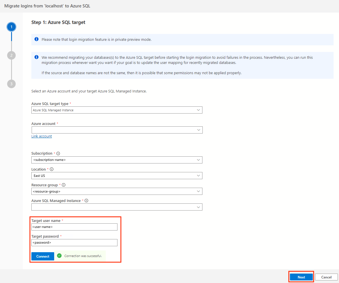 Capture d’écran montrant la connectivité d’Azure SQL Managed Instance.