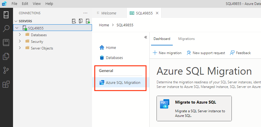 Capture d’écran montrant le menu du serveur Azure Data Studio.