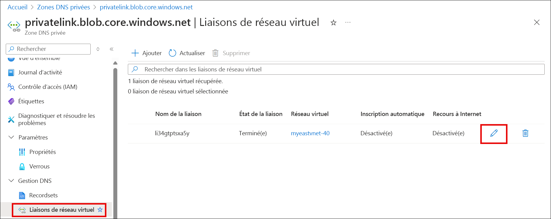 Capture d’écran de la modification de liaison de réseau virtuel.