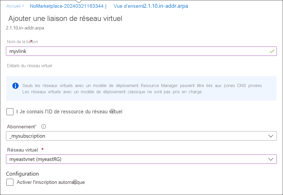 Capture d’écran de l’ajout d’un lien de réseau virtuel.