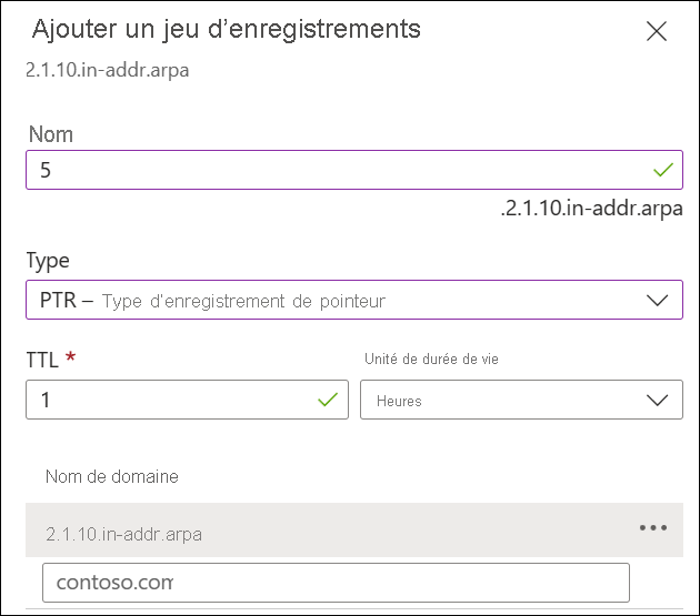 Capture d’écran de la création d’un enregistrement DNS inversé privé.