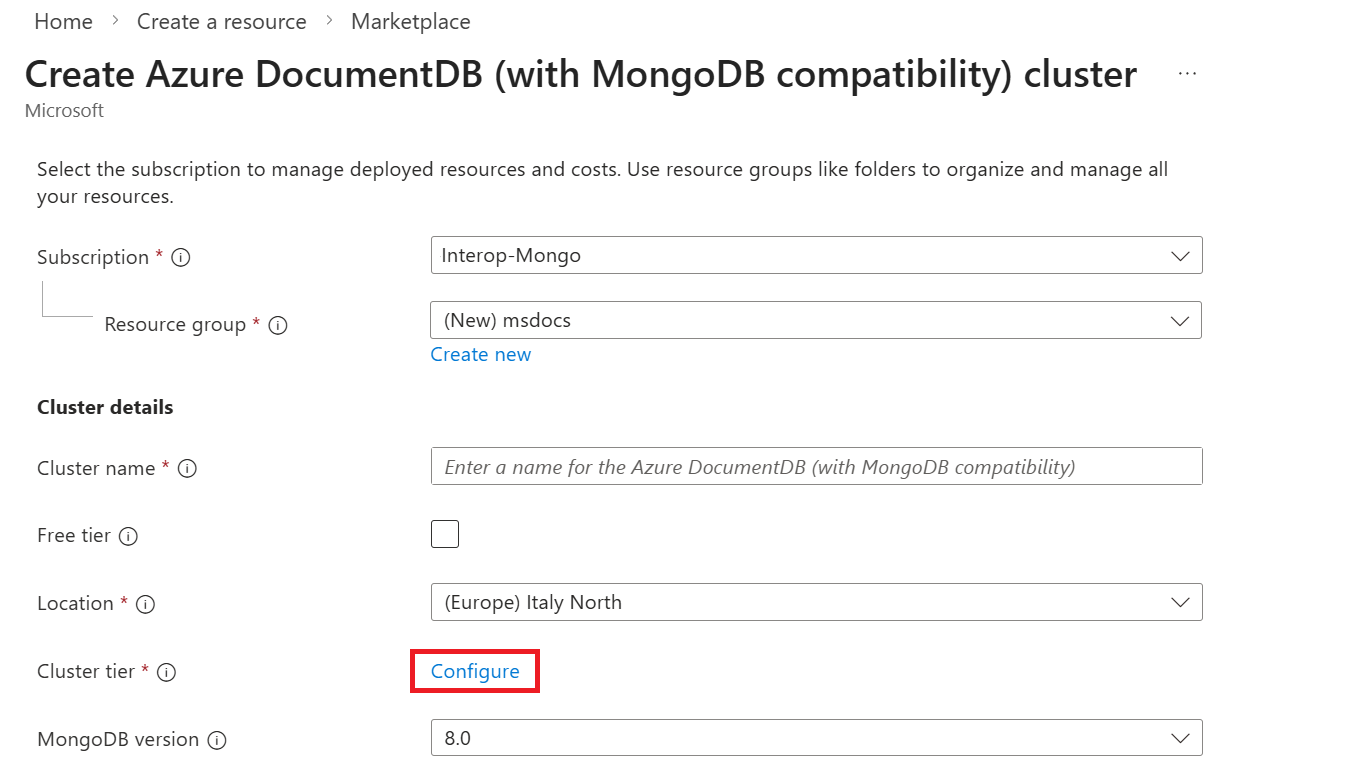 Capture d'écran des options disponibles pour configurer un cluster Azure DocumentDB.