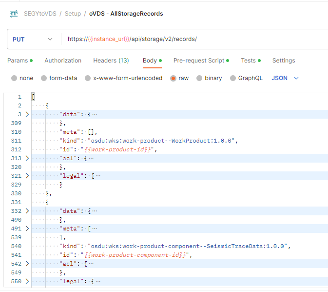 Capture d’écran montrant l’appel d’API pour créer des enregistrements de stockage dans Postman.