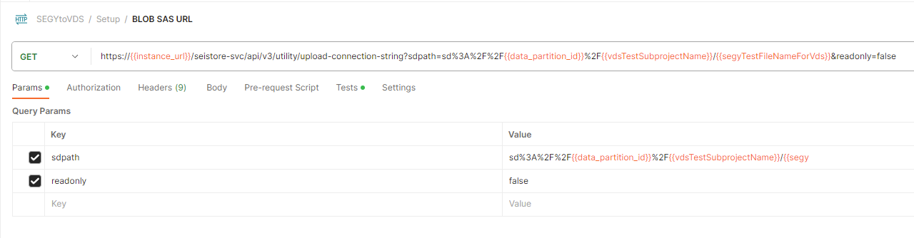 Capture d’écran montrant l’appel d’API pour obtenir une URL de chargement GCS dans Postman.
