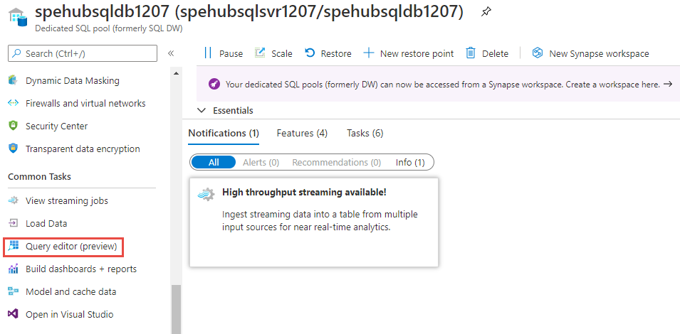 Capture d’écran montrant la sélection de l’éditeur de requête dans la page d’un pool SQL Dedicated sur le portail Azure.