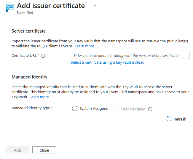 Capture d’écran montrant la page Ajouter un certificat émetteur.