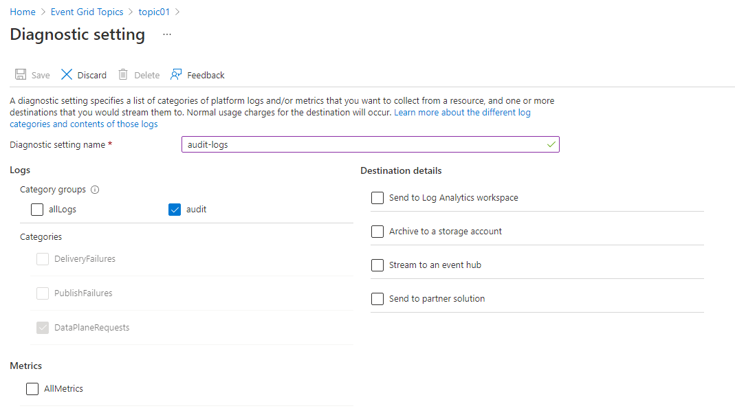 Screenshot that shows the Diagnostic settings page with Audit selected.