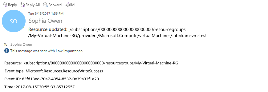 Capture d’écran d’un exemple d’e-mail Outlook, montrant des détails sur une mise à jour de machine virtuelle.