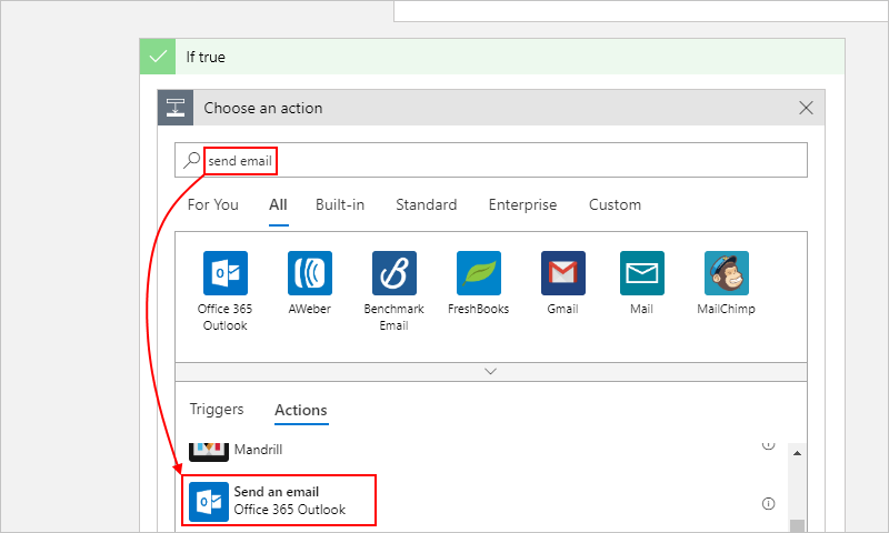 Screenshot that shows the workflow designer with the search box open to find the
