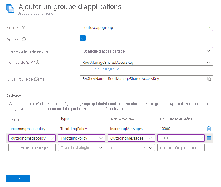 Screenshot of the Add application group page with two policies.