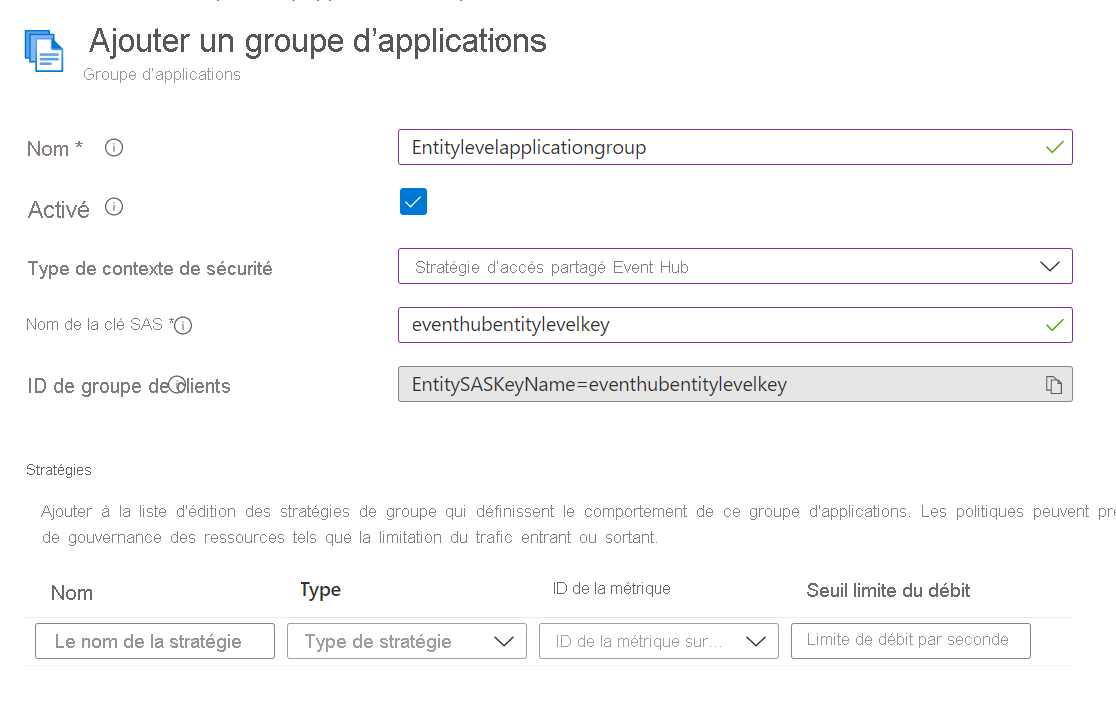 Screenshot of the Add application group page with event hub Shared access policy option selected.