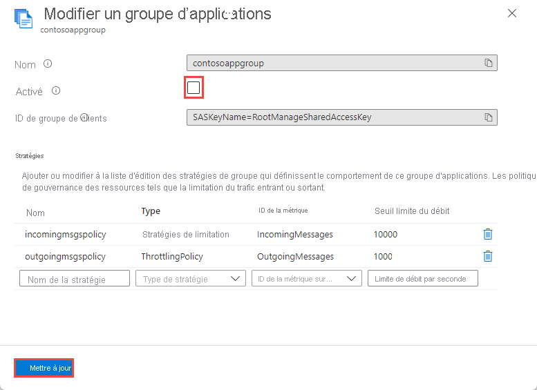 Screenshot showing the Edit application group page with Enabled option deselected.