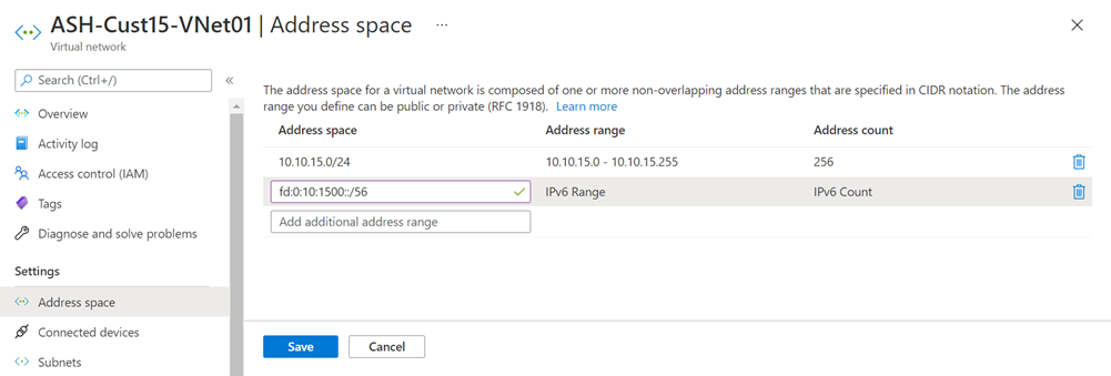 Capture d’écran de l’ajout de l’espace d’adressage IPv6 au réseau virtuel.