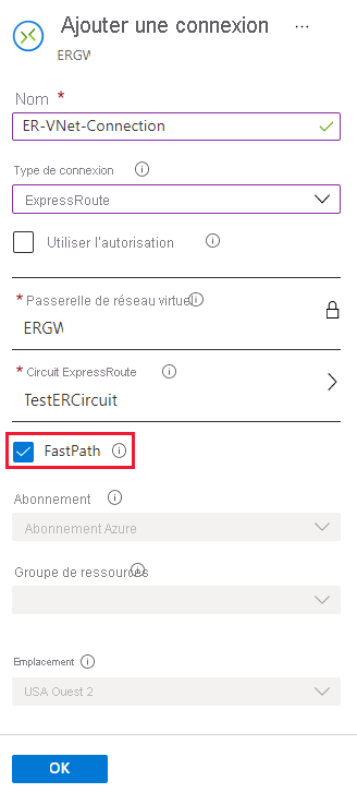 Capture d’écran de la case à cocher FastPath dans la page Ajouter une connexion.