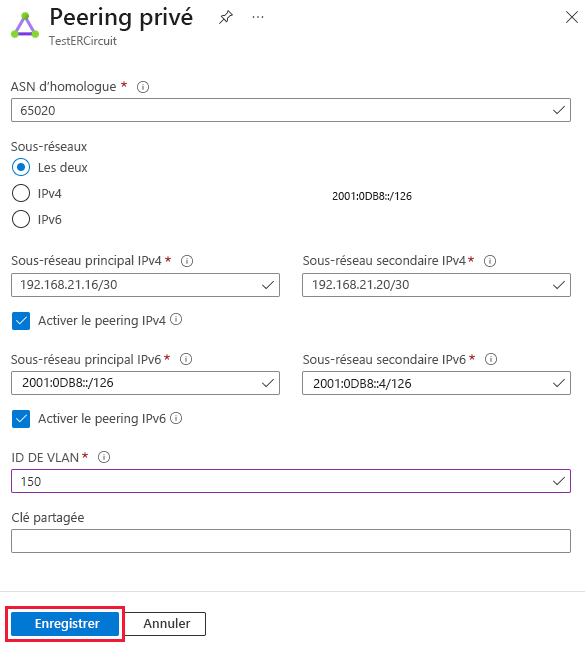 Capture d’écran montrant comment mettre à jour la configuration du peering privé.