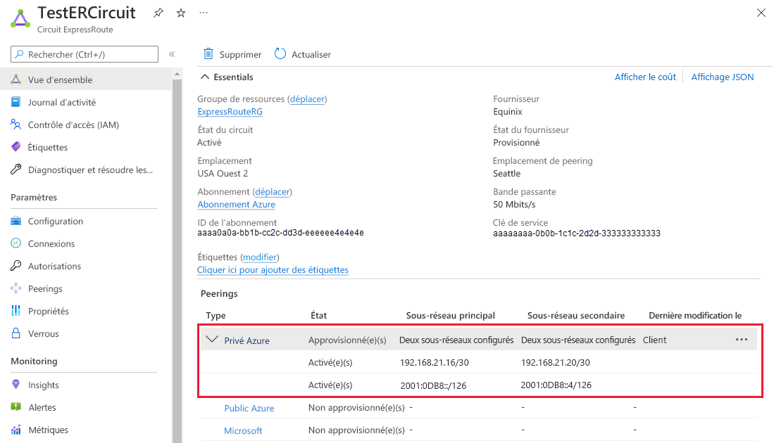 Capture d’écran montrant comment afficher les propriétés du peering privé.