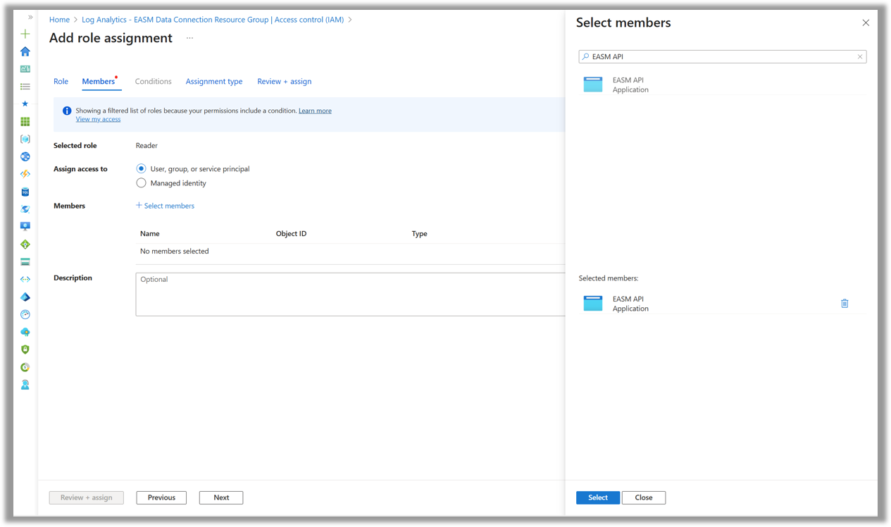 Capture d’écran montrant Les membres pour les attributions de rôles, en particulier l’application API GSAE.