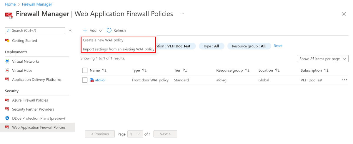 Capture d’écran des stratégies Web Application Firewall dans Firewall Manager.