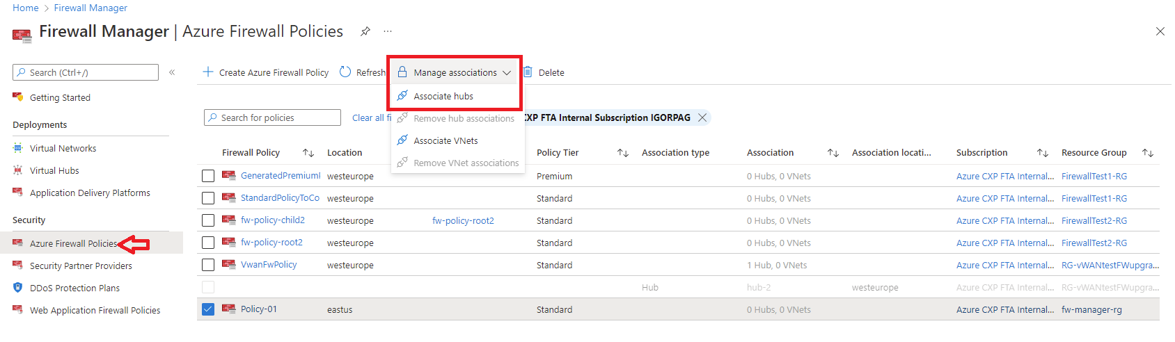Screenshot of configuring Policy association.
