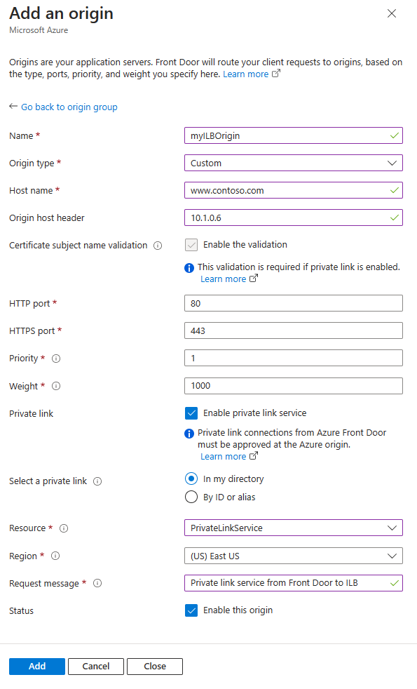Connecter Azure Front Door Premium à une origine d'équilibreur de charge  avec Private Link - Azure Private Link | Microsoft Learn