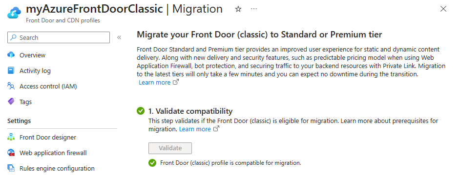 Capture d’écran la phase réussie de validation du profil Front Door (classique) pour la migration.