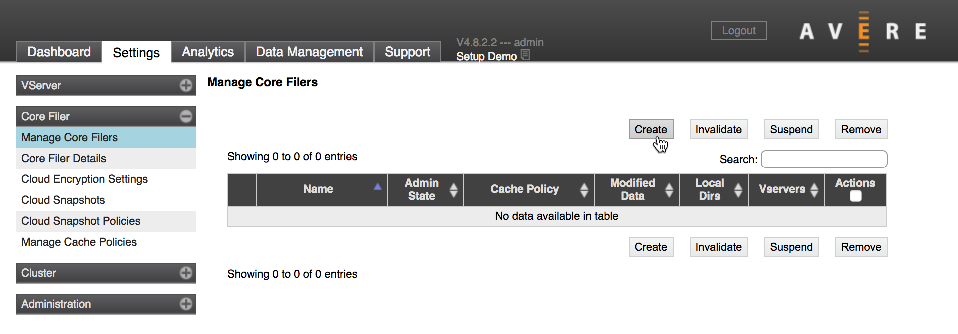 Clic sur le bouton Create au-dessus de la liste des core filers dans la page Manage Core Filers