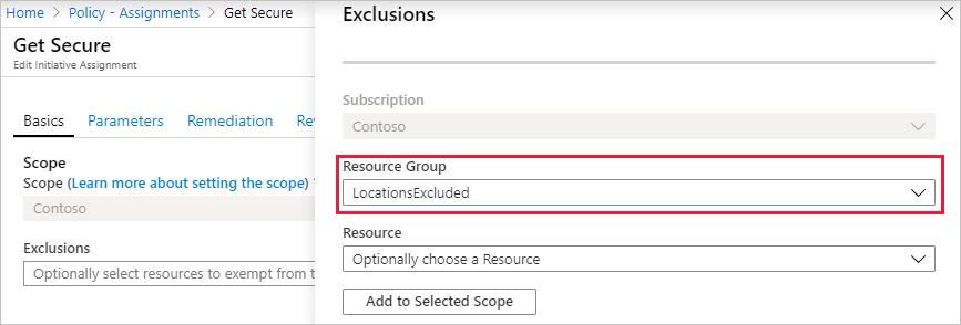 Capture d’écran de l’option Exclusions dans la page Affectation d’initiative pour ajouter un groupe de ressources exclu à l’attribution de stratégie.